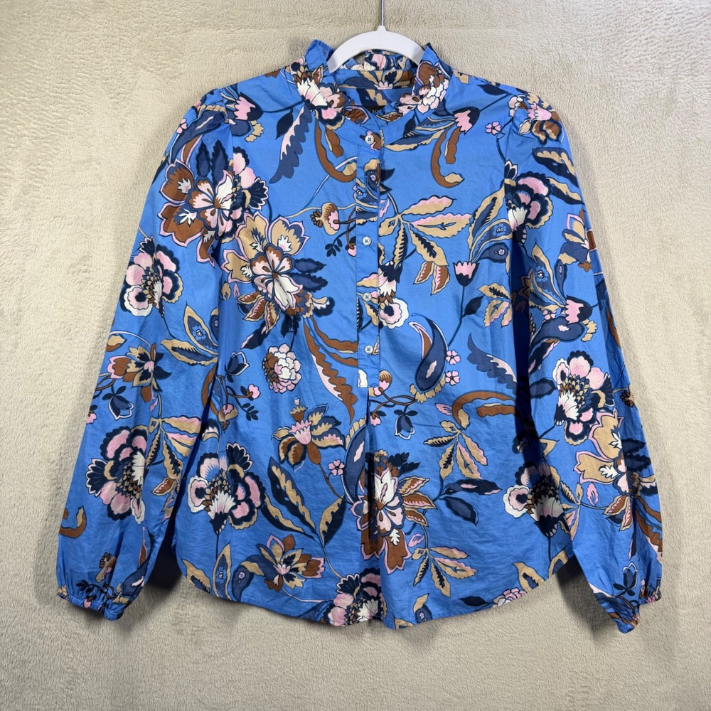 Talbots Popover Blouse Womens Size M Blue Floral Cotton Ruffle Neck Top 5448